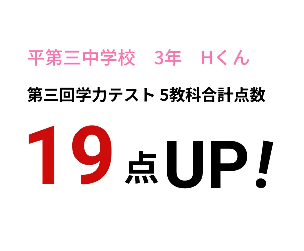 平第三中学校 3年 Hくん　第三回学力テスト 5教科合計点数19点UP!