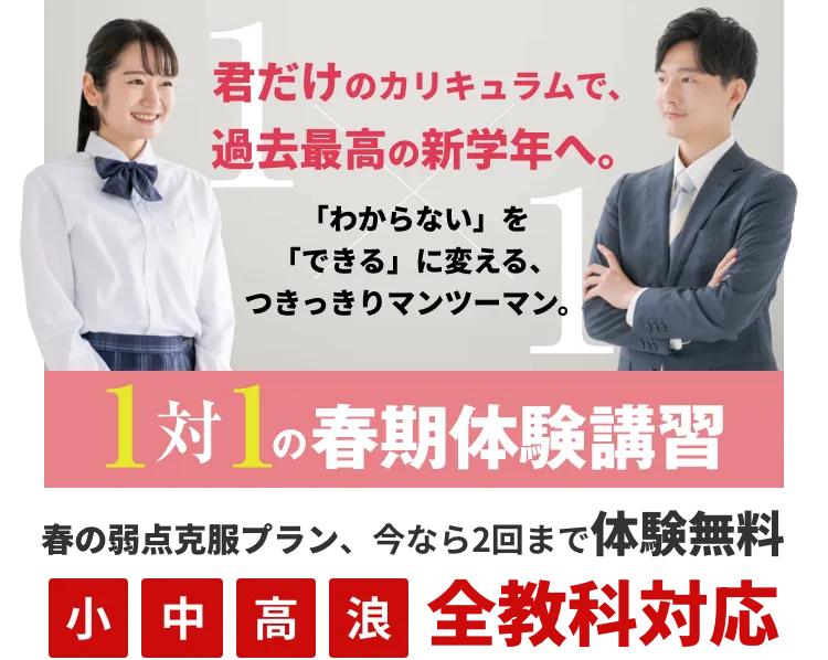 「1対1の春期体験講習」の広告。君だけのカリキュラムで過去最高の新学年へ。「わからない」を「できる」に変える、つきっきりマンツーマン。春の弱点克服プラン、今なら2回まで体験無料。小・中・高・浪、全教科対応。